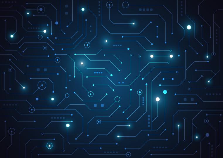 Glowing blue digital circuit board on a dark background