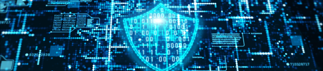 Digital shield over binary code background.