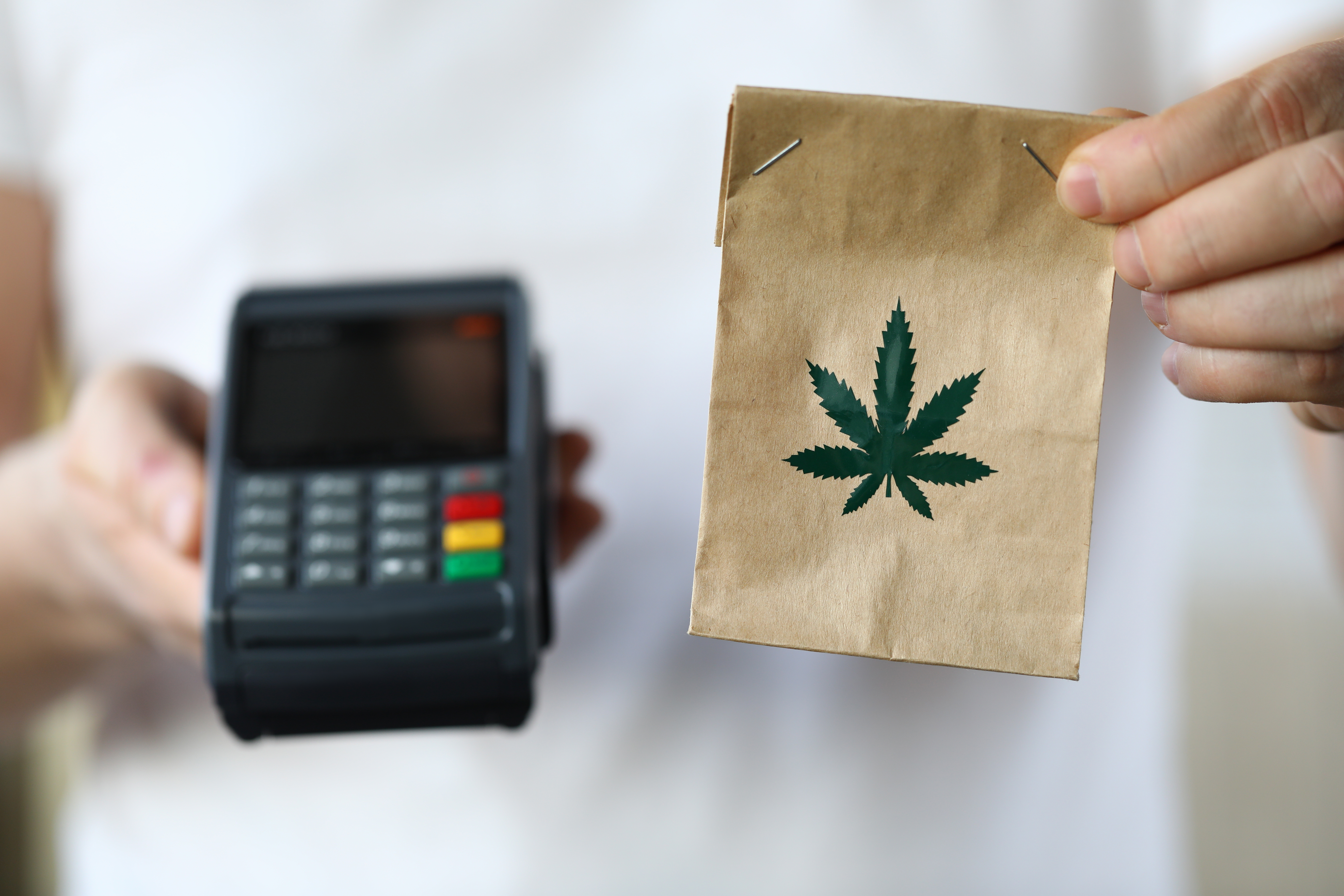 hands holding a credit card reader and cannabis bag