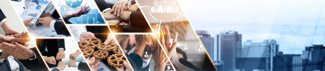 several hands coming together in unison against a tech background