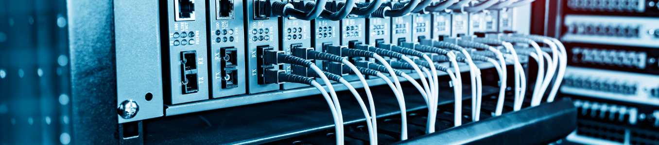 The back panel of a computer server with numerous cables and plugs.