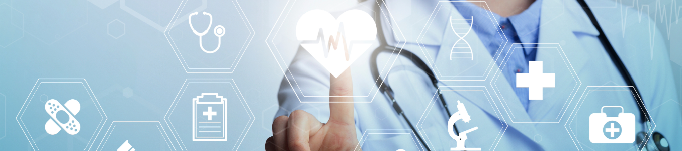 Medical professional pointing their finger to a heart icon against a blue background